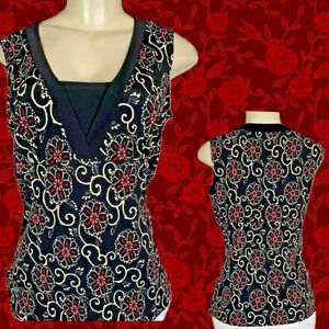 Perseption Concept M Black Red Floral Print Square Neck Inset Sleeveless Blouse
